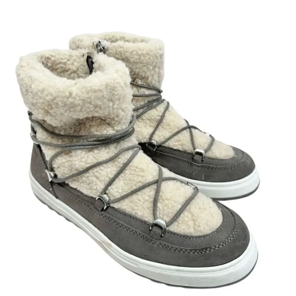 Blondo Boots Size 9.5 Waterproof Gray Cream Suede Shearling Upper‎ Lace Up